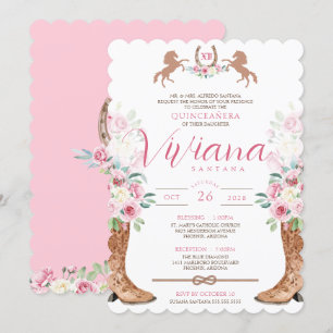 Pink Roses Floral Boots Western Charro Quinceañera Einladung