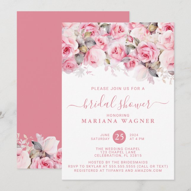 Pink Roses Floral Bridal Shower Einladung (Vorne/Hinten)