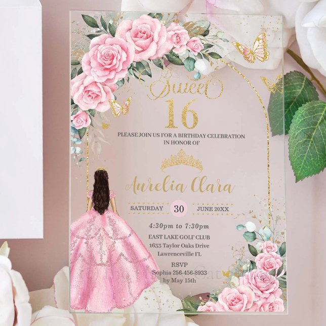 Pink Roses Floral Brunette Girl Gold Sweet Sixteen Acryleinladungen (Von Creator hochgeladen)