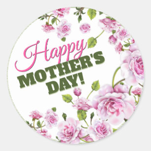 Pink Roses Floral Happy Mother’s Day Runder Aufkleber