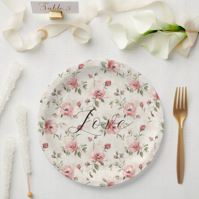 Pink Roses Floral Love Bridal Shower Pappteller (Hochzeit)