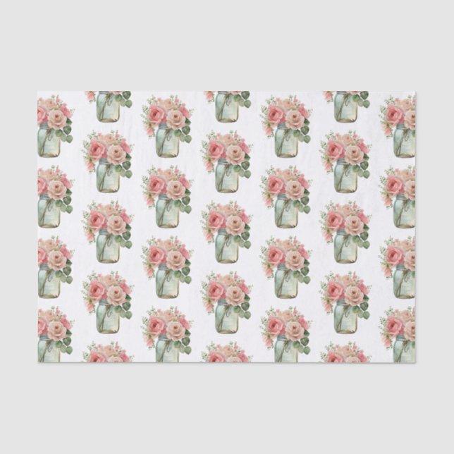Pink Roses Floral Mason Jar Seidenpapier (Vorderseite)
