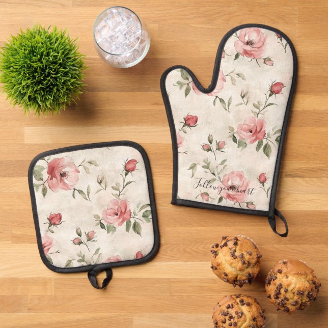 Pink Roses Floral  Ofenhandschuh & Topflappen-Set (Oben Unten)