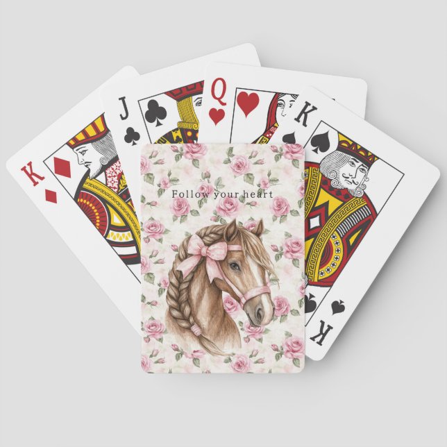 Pink Roses Floral Pretty Horse Pink Bow Spielkarten (Rückseite)