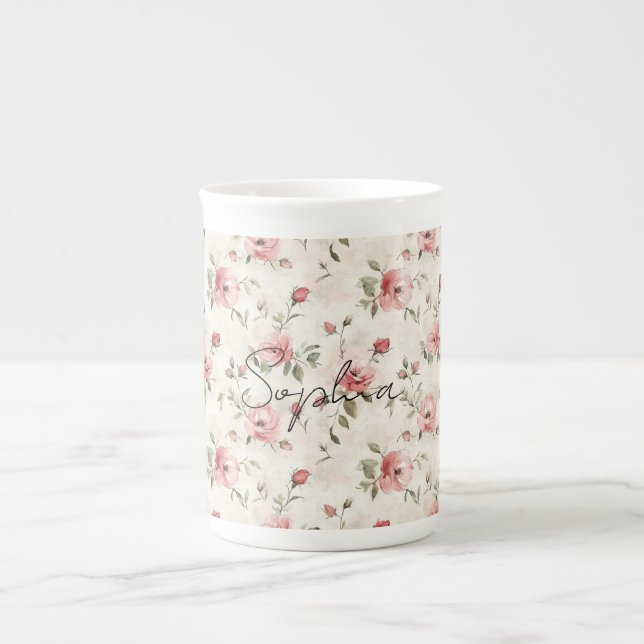 Pink Roses Floral  Prozellantasse (Vorderseite)