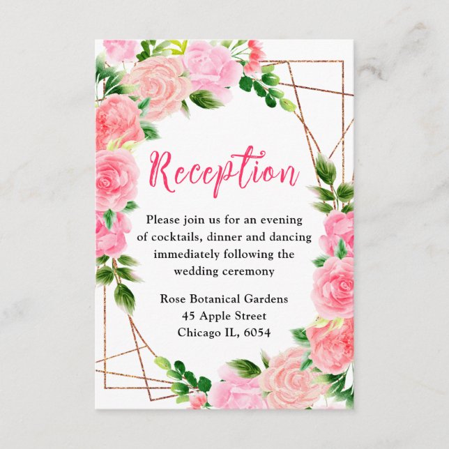 Pink Roses Floral Wedding Reception Begleitkarte (Vorderseite)