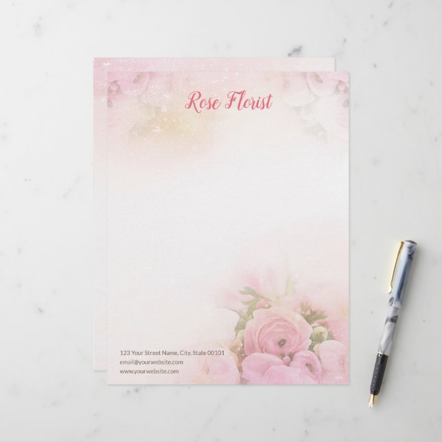 Pink Roses Florist Letterhead Briefbogen (Vorderseite/Rückseite Beispiel)