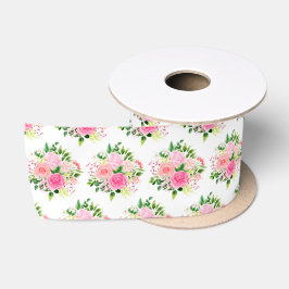 Pink Roses Flowers and Greenery Satinband