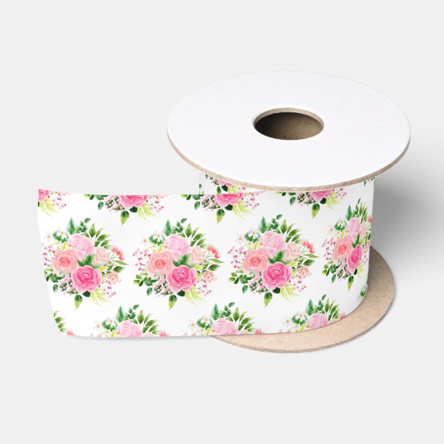 Pink Roses Flowers and Greenery Satinband (Spule)