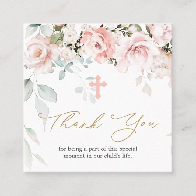 Pink Roses Foliage Taufe Danke Business Card Quadratische Visitenkarte (Vorderseite)