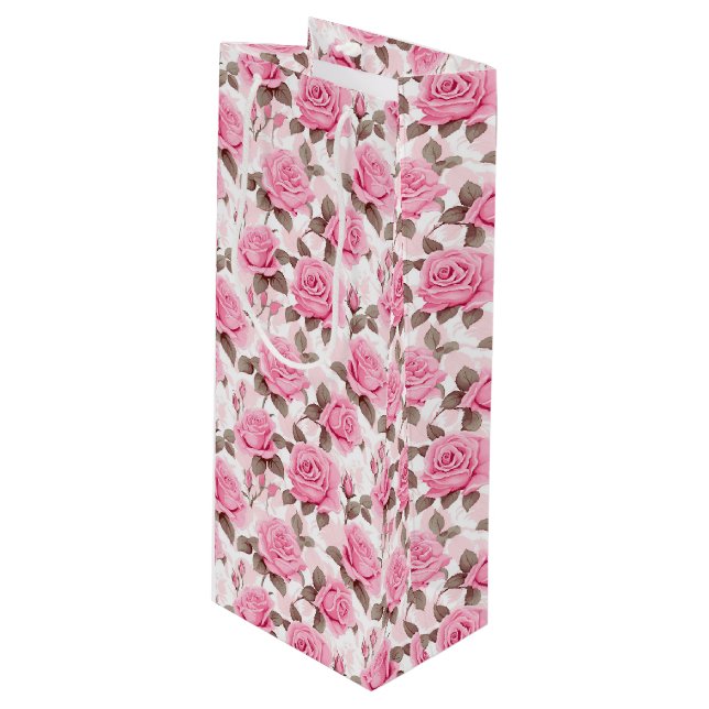 Pink Roses Geschenktasche Geschenktüte Für Weinflaschen (Vorderseite Schrägansicht)