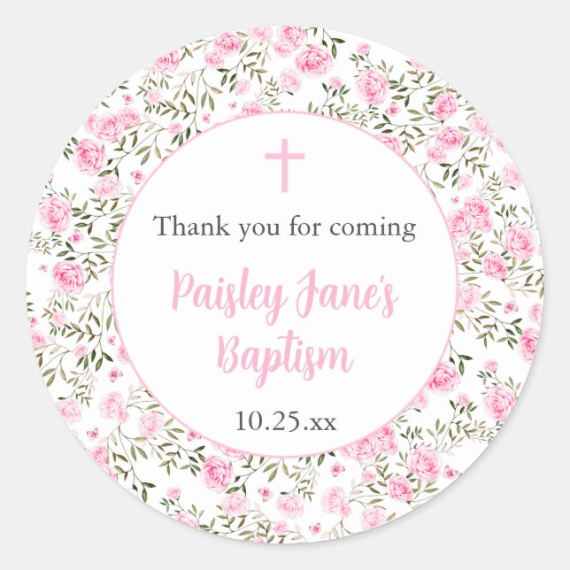 Pink Roses Girl baptism thank you sticker (Vorderseite)
