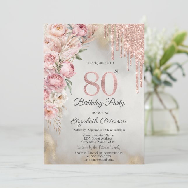 Pink Roses Glitter Drips Gold 80th Birthday   Einladung (Stehend Vorderseite)