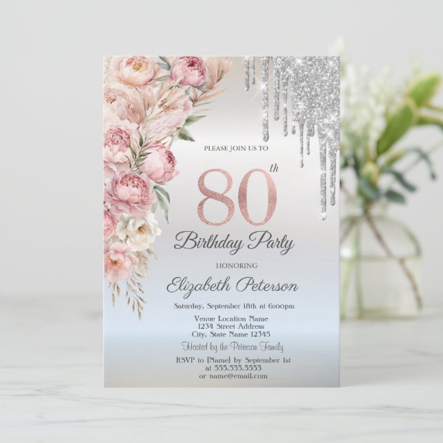 Pink Roses Glitter Drips Silver 80th Birthday   Einladung (Stehend Vorderseite)