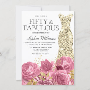 Pink Roses Golden Gown 50. Geburtstagsparty Einladung