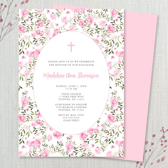 Pink Roses Grandmillenial girl baptism invitation Einladung (Von Creator hochgeladen)