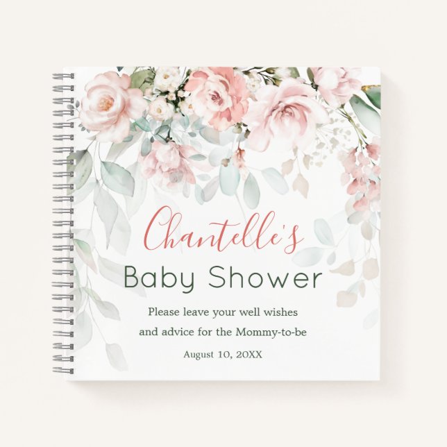 Pink Roses Greenerage Foliage Baby Shower Notebook Notizbuch (Vorderseite)
