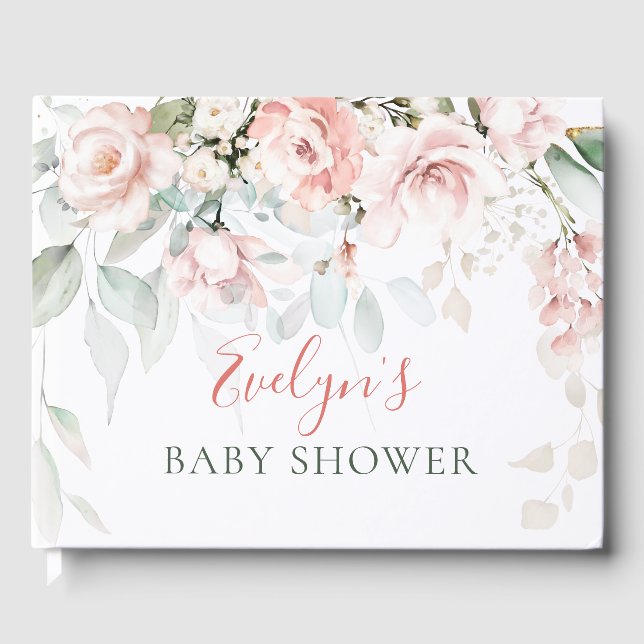 Pink Roses Greenerenerage Foliage Baby Shower Gäst Gästebuch (Vorderseite)