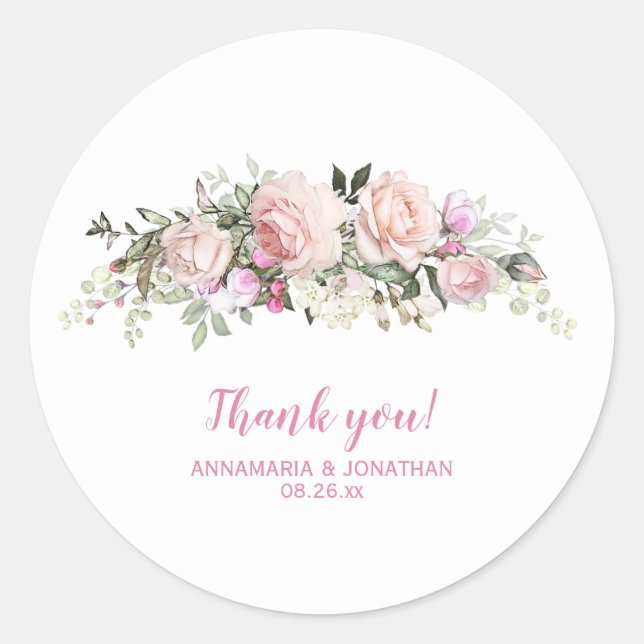 Pink Roses & Greenerity Wedding Vielen Dank Runder Aufkleber (Vorderseite)