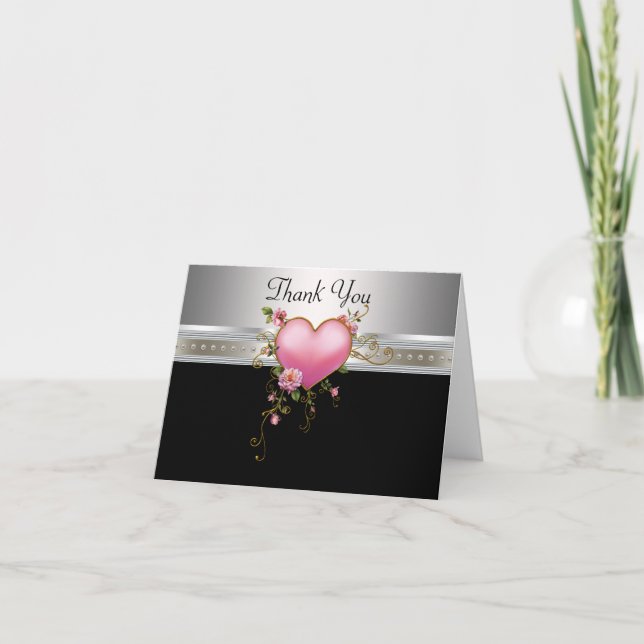 Pink Roses Herz Pink und Schwarz Danke Karten (Vorderseite)