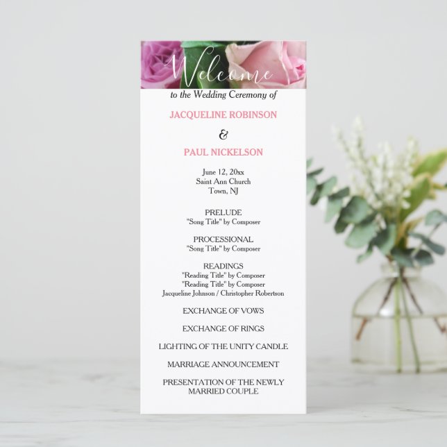 Pink Roses Hochzeitsprogramm Programm (Stehend Vorderseite)