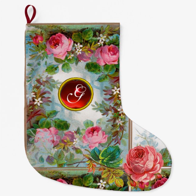 PINK ROSES ,JASMINE ROTE GEMSTONMONOGRAMM GROßER WEIHNACHTSSTRUMPF (Vorderseite)
