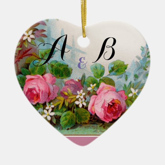 PINK ROSES & JASMINES MONOGRAM Wedding Souvenir Keramik Ornament (Vorne)