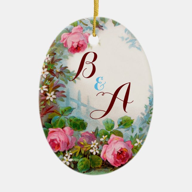 PINK ROSES & JASMINES MONOGRAM Wedding Souvenir Keramikornament (Vorne)