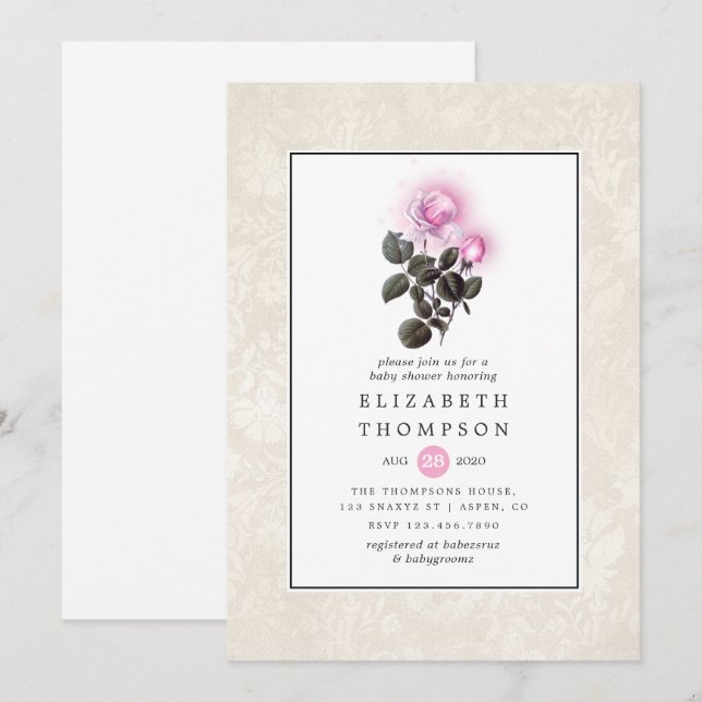 Pink Roses Kinderdusche Einladung (Vorne/Hinten)