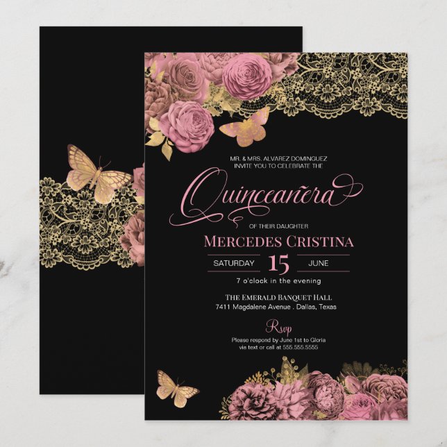 Pink Roses & Lace Glamour Butterfly Quinceañera Einladung (Vorne/Hinten)
