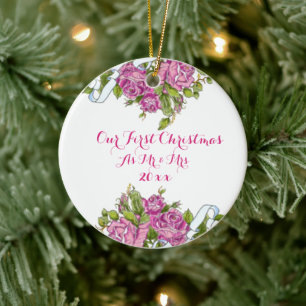 Pink Roses Mr. und Mrs. First Christmas Ornament