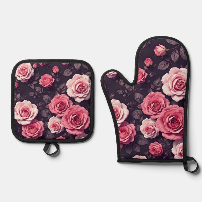 Pink Roses Ofenhandschuh & Topflappen-Set (Vorderseite)
