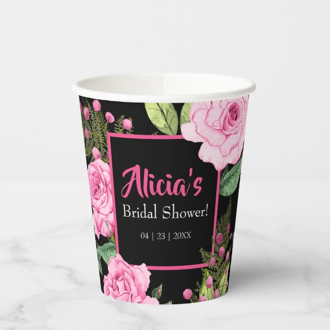 Pink Roses on Black Bridal Shower Pappbecher (Links)