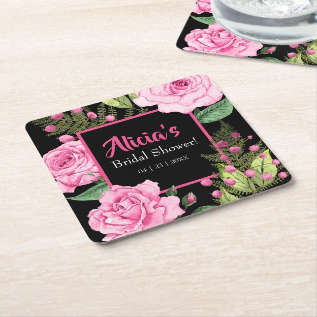 Pink Roses on Black Bridal Shower Rechteckiger Pappuntersetzer (angewinkelt)