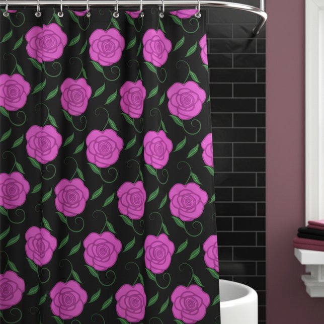 Pink Roses On Black Duschvorhang (Soft, romantic & feminine. Pink roses on black will make your bathroom romantically beautiful.)