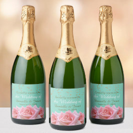 Pink Roses on Glitzy Aqua Sparkling Wine Label