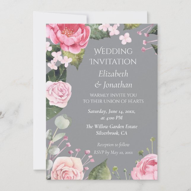 Pink Roses on Grey Customizable Wedding Invitation (Vorderseite)