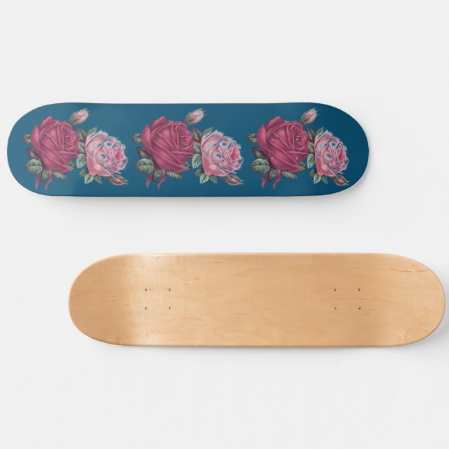Pink Roses over Deep Blue  Skateboard (Horizontal)