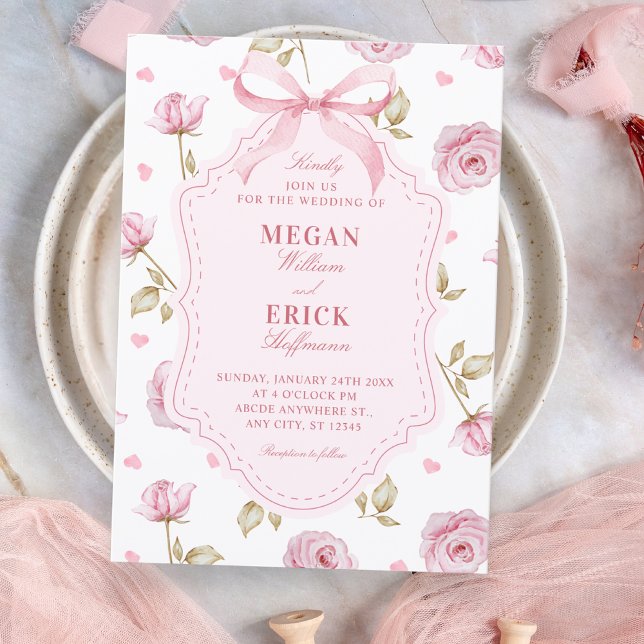 Pink roses pattern bow wedding einladung (Von Creator hochgeladen)