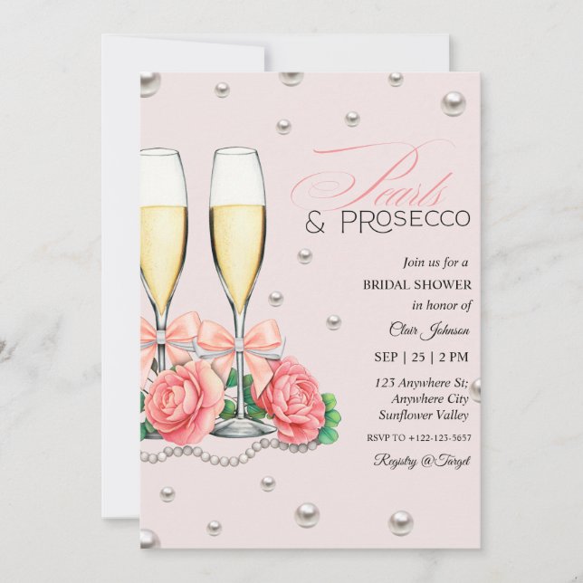 Pink Roses Pearls and Prosecco Bridal Shower  Einladung (Vorderseite)