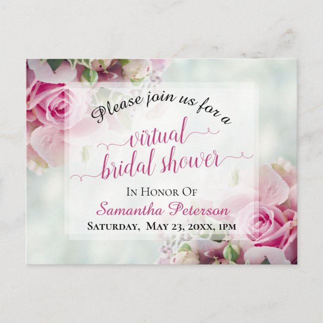 Pink Roses & Peony Buds Virtual Brautparty Einladungspostkarte (Vorderseite)