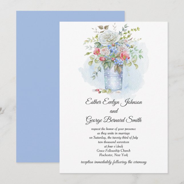 Pink Roses Poppies Blue Flowers Bouquet Wedding | Einladung (Vorne/Hinten)