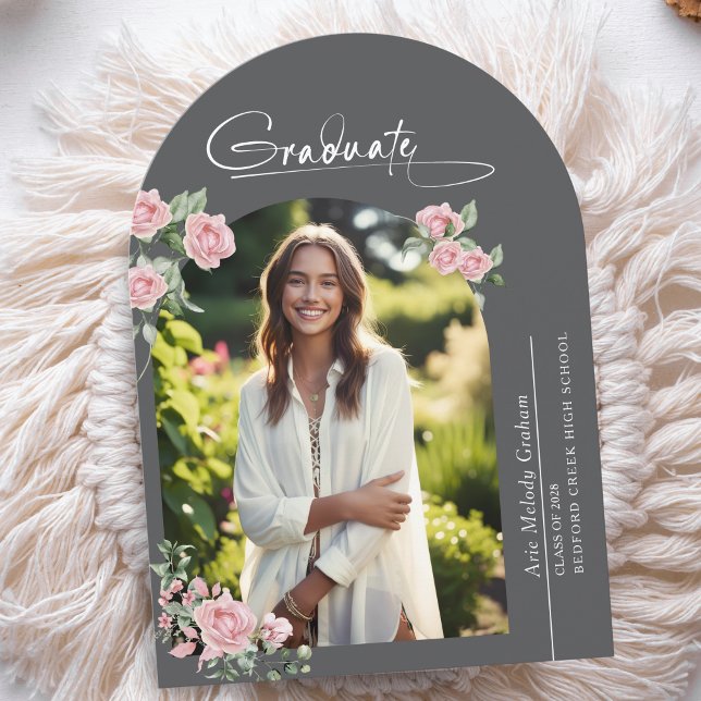 Pink Roses Script Photo Graduation Announcement Einladung (Von Creator hochgeladen)