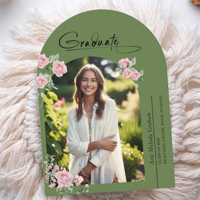 Pink Roses Script Photo Graduation Announcement Einladung (Von Creator hochgeladen)
