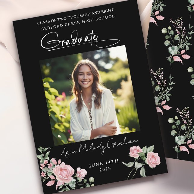 Pink Roses Script Photo Graduation Announcement Einladung (Von Creator hochgeladen)