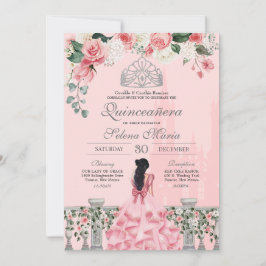 Pink Roses Silver Tiara Royal Princess Quinceañera Einladung