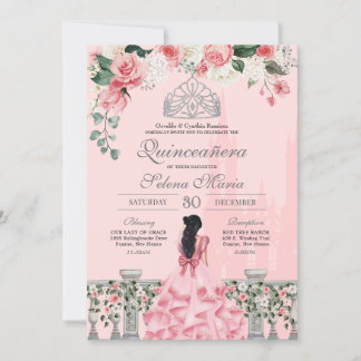 Pink Roses Silver Tiara Royal Princess Quinceañera Einladung