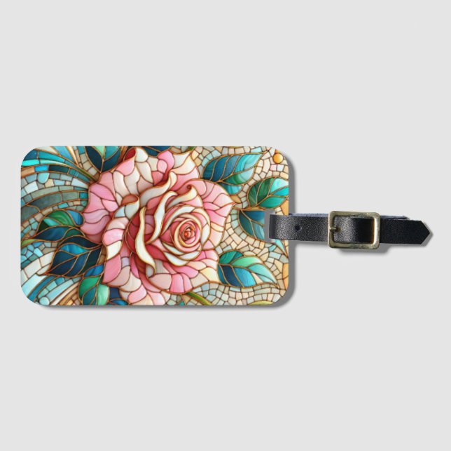 Pink Roses Stained Glass Mosaic Gepäckanhänger (Vorderseite (Horizontal))