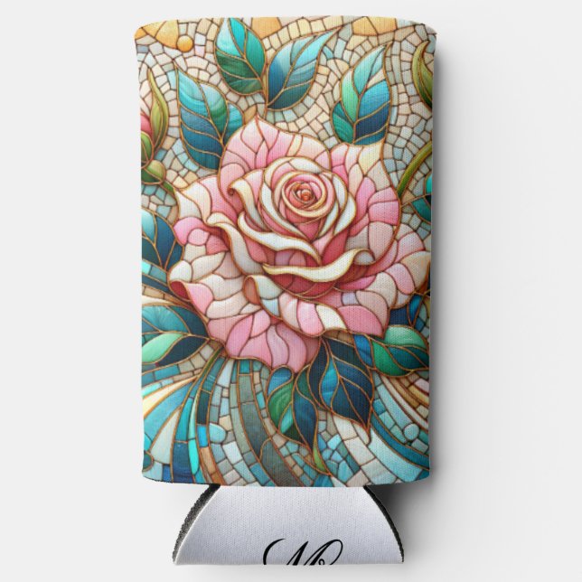 Pink Roses Stained Glass Mosaic Monogram Selters Dosenkühler (Vorderseite)
