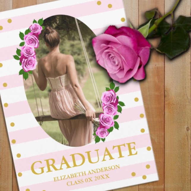 Pink Roses Striped Graduation Brunch Ankündigung (Von Creator hochgeladen)